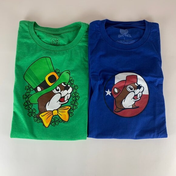 Lot of 2 Buc-ees Green Blue Short Sleeve Crewneck Shirts Mens Large - Picture 1 of 5